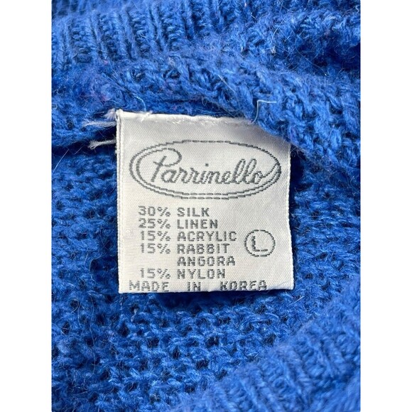 VTG Parrinello Blue Knit Fuzzy Short Sleeve Sweater L Silk Linen Angora Blend - Picture 5 of 11